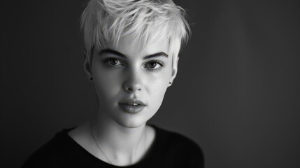 captivating portrait of young woman with short white hair black and white photography