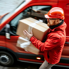 Courier in Red Uniform Handling Packages with Red Delivery Van