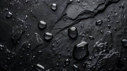 Wall Mural - Black slate background, with drops of water, top view, high resolution, ultra realistic photograph