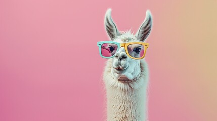 Wall Mural - llama in sunglass shade glasses isolated on solid pastel background