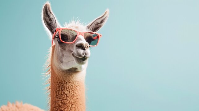 llama in sunglass shade glasses isolated on solid pastel background