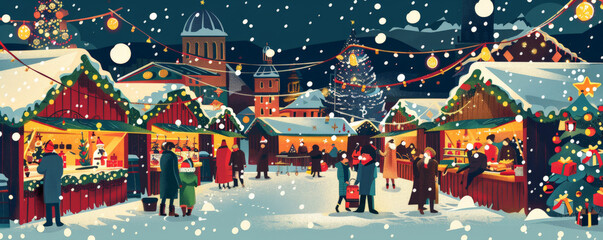 Wall Mural - A bustling Christmas market with colorful stalls, twinkling lights, and snowflakes falling.