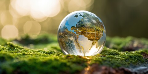 Glass globe picture represent brightness of world if humanity live sustainable life use alternative power or renewable energy to save earth, esg concept for eco friendly and green business. AIG35.