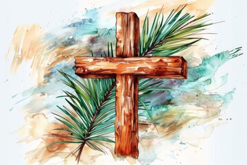 Hand-drawn Wooden Catholic Cross with Palm Leaf: Symbol of Faith and Hope in Watercolor Illustration