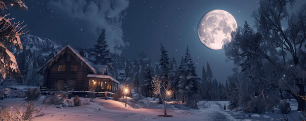 Wall Mural - A peaceful winter night with a full moon, snow-covered trees, and a warmly lit cabin.