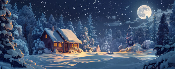 Wall Mural - A peaceful winter night with a full moon, snow-covered trees, and a warmly lit cabin.