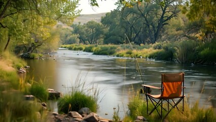 Poster - This serene river scene with a fishing chair and rod set up by the waters edge.
