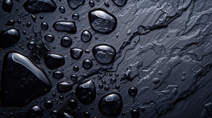 Wall Mural - Black slate background, with drops of water, top view, high resolution, ultra realistic photograph