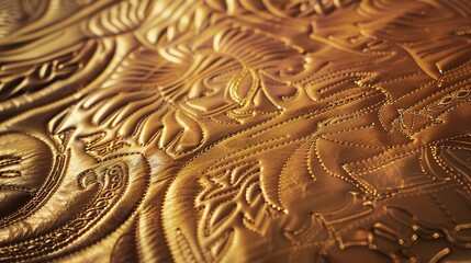 Canvas Print - Close-up of embossed leather, golden sunset light, raised patterns with intricate details. 