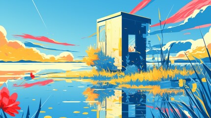 Wall Mural - A painting of a small building in the middle of some water, AI