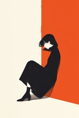 Wall Mural - A woman in black dress sitting against a wall with her back to the viewer, AI