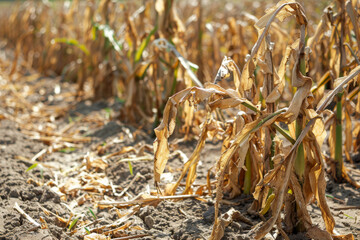 Parched crops in a drought-stricken field under the sun, showing dry soil and wilted plants. Impact of climate change and water scarcity.