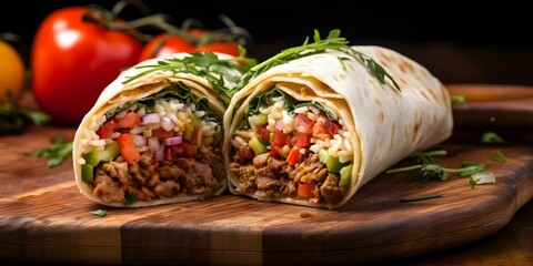 Wall Mural - A Picture of a Cut Burrito Packed with Meat and Veggies. Concept Food Photography, Mexican Cuisine, Delicious Ingredients, Appetizing Presentation