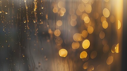 Close-up of bokeh lights on a rainy window, soft morning light, glistening droplets with blurred orbs. 