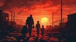 © Bijac - dramatic scene of a refugee family fleeing their wartorn city under bombardment powerful social issue concept illustration
