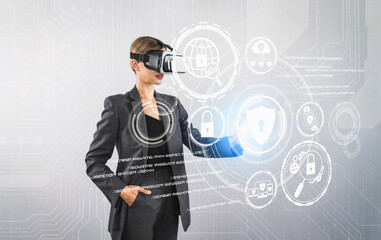 Wall Mural - Business woman pointing and accessing at security protection system while using visual reality goggles. Professional project manager looking privacy firewall code by using VR headsets. Contraption.