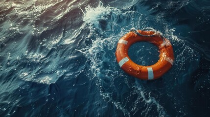 dramatic splash created by a lifebuoy ring floating in deep blue ocean water rescue concept