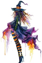 Wicked Sorceress in Striped Stockings. Watercolor Halloween Illustration on White Background