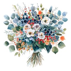Wall Mural - Winter Celebration Bouquet. Hand-Painted Watercolor Floral Design for Wedding Invitations