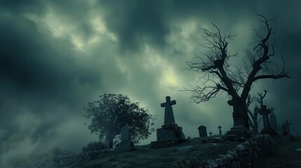 Wall Mural - eerie cemetery scene with ancient tombs withered trees and ominous black clouds dark halloween backdrop
