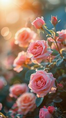 Wall Mural - Pink Roses Blooming in Sunlight on a Summer Day