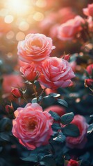 Wall Mural - Pink Roses Blooming in Sunlight on a Summer Day