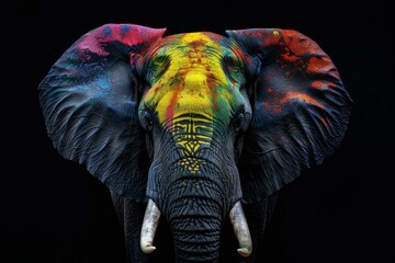 Poster - Artistic representation of an elephant with vibrant, colorful paint against a dark backdrop