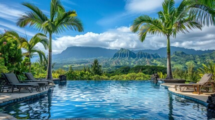 Wall Mural - beautiful paradise pool with palm trees and mountains in the background