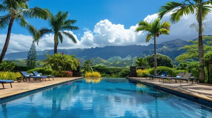 Wall Mural - beautiful paradise pool with palm trees and mountains in the background