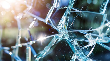 Poster - Close-up of shattered glass, dappled sunlight, fragmented pieces with sharp, reflective edges.