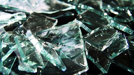 Poster - Close-up of shattered glass, dappled sunlight, fragmented pieces with sharp, reflective edges. 