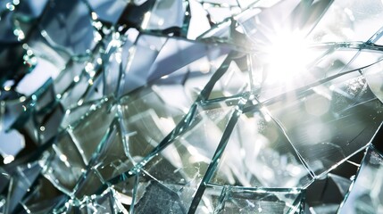 Poster - Close-up of shattered glass, dappled sunlight, fragmented pieces with sharp, reflective edges. 