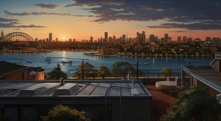 Wall Mural - Stunning Urban Sunset Over City Harbor