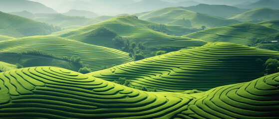 Poster - Lush Green Terraced Hills at Dawn