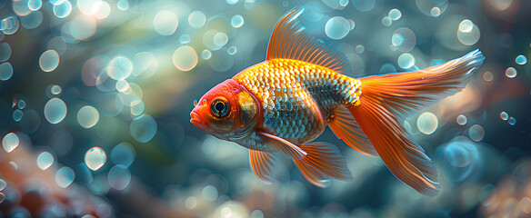 Golden fish swimming gracefully in clear water surrounded by bubbles and natural light, peaceful underwater scene