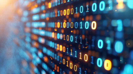 a close-up of binary code overlaying a blurred background, symbolizing data processing and digital i