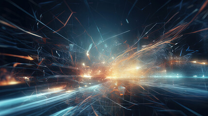 Poster - Abstract technology burst with glowing wires and particles in motion. Technology and science dynamic background.
