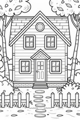 Village house coloring page, comic style, black and white, bold lines, white background