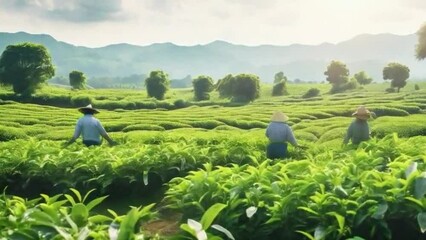 Sticker - Farmers collect fresh green leaves at a tea plantation. Agricultural fields. Growing crops on a farm. Organic eco products. Herbal drink growth. Traditional beverage production. Countryside view..