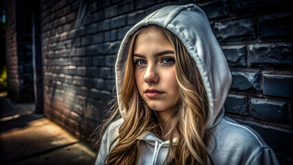 beautiful girl in a white hoodie on a black background