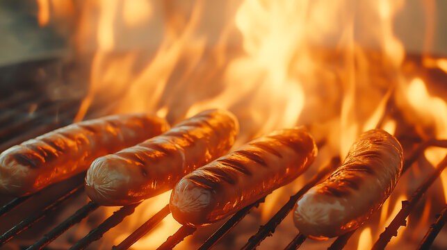 Grilled juicy sausages on a grill with fire, Bratwurst or Hot Dogs on Grill, Sausages on the grill