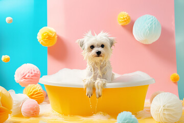 Wall Mural - puppy bathing in a bright and sunny environment, with colorful bath accessories and playful expressions.