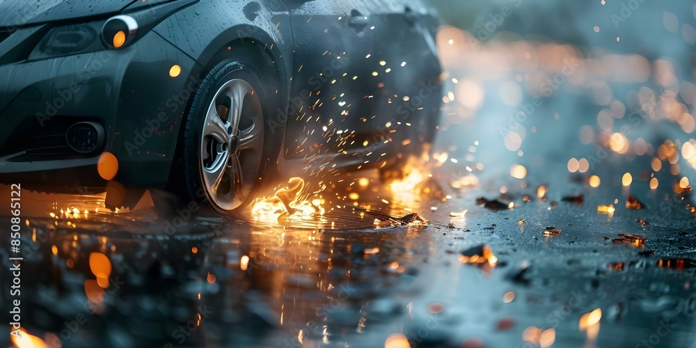 Image of a lithium battery fire in an electric car caused by damage ...