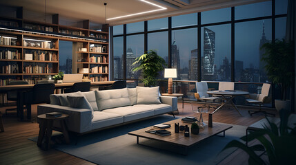 Interior of modern living room with bookshelf, panoramic window and city view ,Interior of modern cafe with wooden tables and chairs