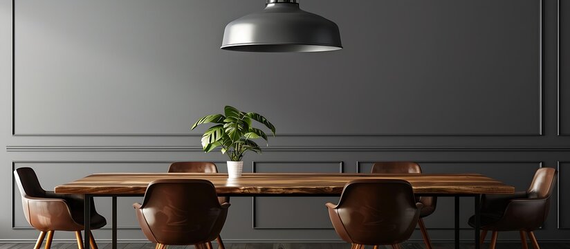 Contemporary dining area with a walnut table, leather chairs, and a minimalist pendant light, set against a dark grey wall