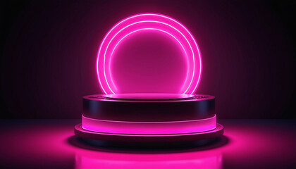 Wall Mural - A pink neon light podium with a glowing game platform and digital LED effects, creating a futuristic hologram background with a round stand, Generative AI