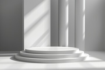 Wall Mural - Minimalistic white pedestal with dynamic sunlight and shadows for product presentation