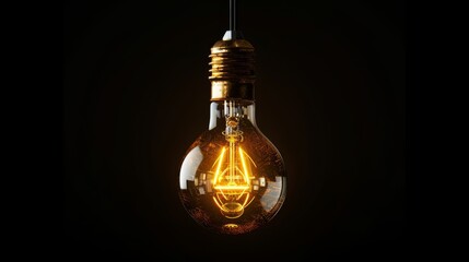 Vintage light bulb shining brightly on black background