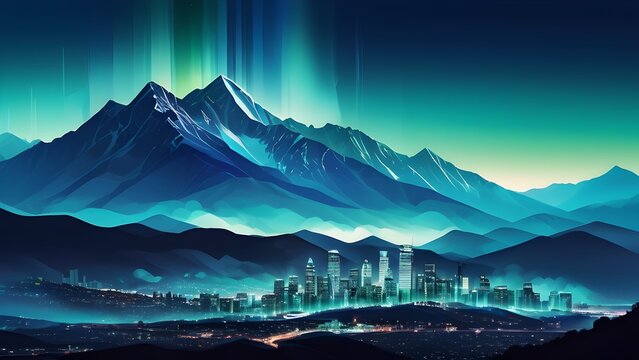 dreamlike atmosphere blue and green city light, with a serene mountain landscape illustration