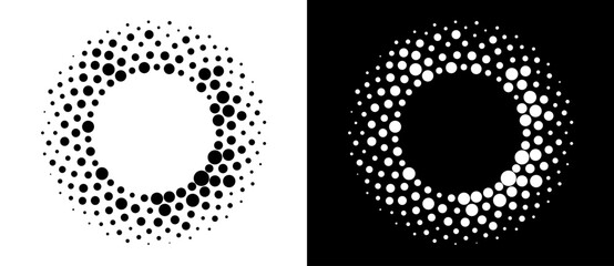 Fototapete - Modern abstract background. Halftone dots in circle form. Round logo, design element or icon. Vector dotted frame. A black figure on a white background and an equally white figure on the black side.
